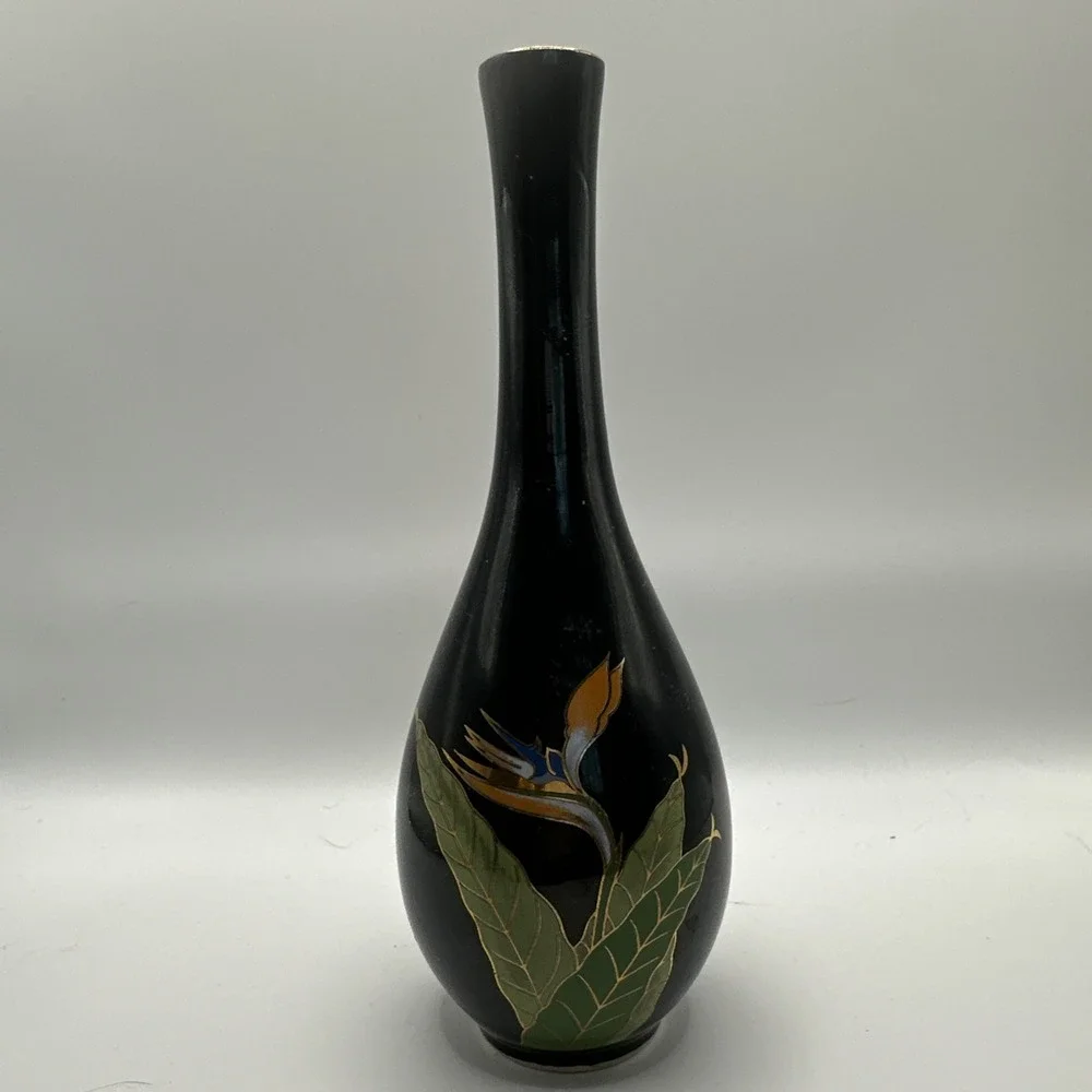 Otagiri Bird of Paradise Bud Vase Black Floral Design Gold Trim Japanese Vtg 8